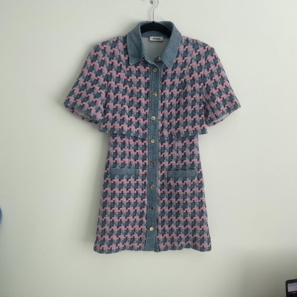 Sandro Amadora Denim Trim Houndstooth Tweed Mini Dress Size 34 - Picture 5 of 10